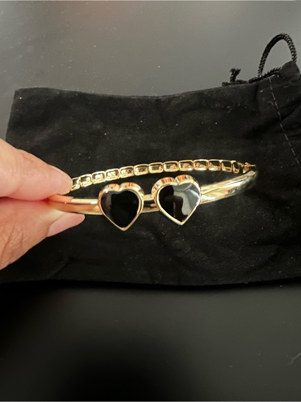 Gold Heart Bangle Bracelet with Black Enamel Hearts